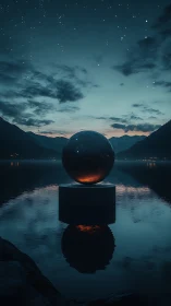 Luminous metal sphere on lake pedestal at dusk.
