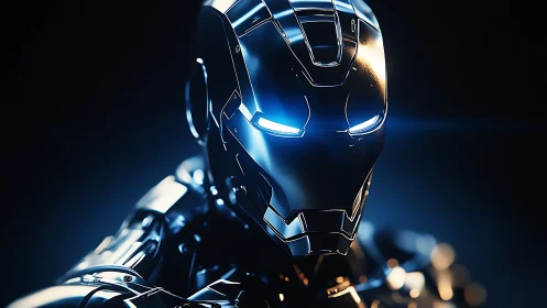 Futuristic metallic humanoid helmet displays illuminated eye slits