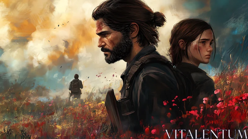 Digital painting of armed survivors in vivid flower field.