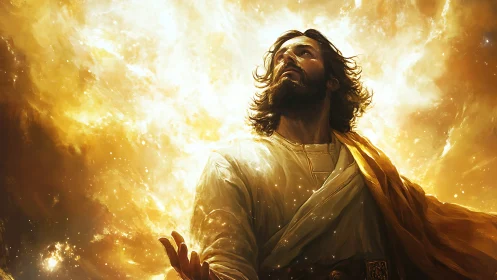 Radiant robed figure gazes upward into glowing golden sky