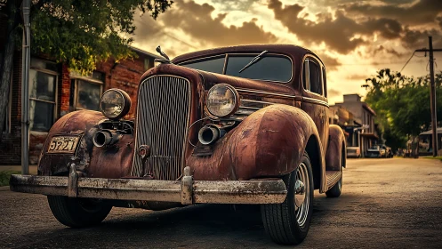 Weathered vintage sedan parked on quiet small town street.