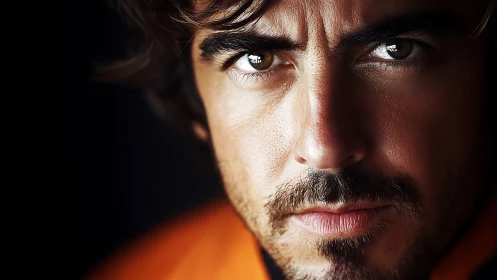 Intense close-up portrait of man in orange jacket.