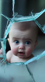 Infant surrounded by fractured glass surface.