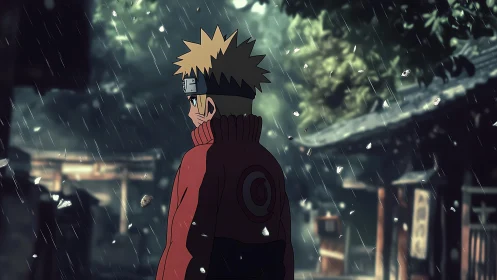 Backlit anime figure in rainy shrine courtyard with depth layering