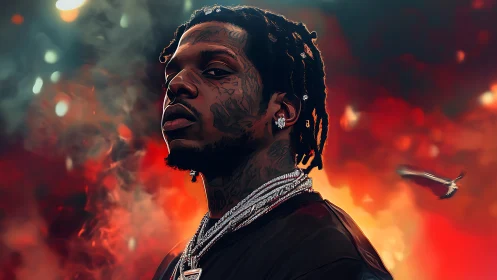 Tattooed hip-hop portrait over cinematic ember clouds.