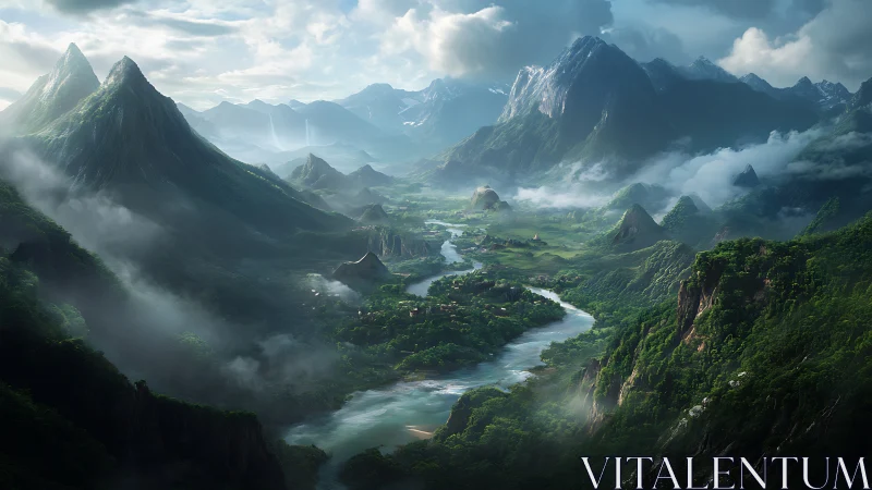 Verdant fantasy valley stretches between towering clouded peaks