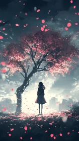 Silhouetted girl under cherry tree facing distant city.