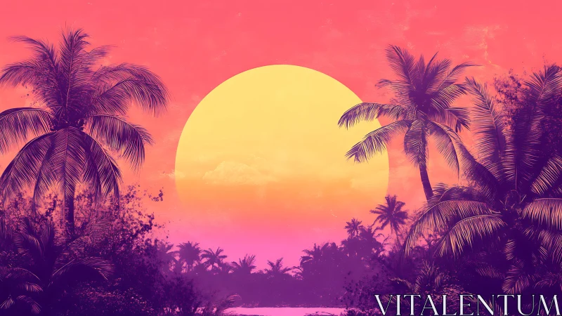 Neon gradient tropical sunset with silhouetted palm canopy