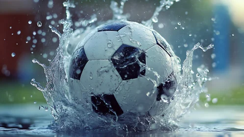 Joyful soccer ball splashing into water with playful energy.