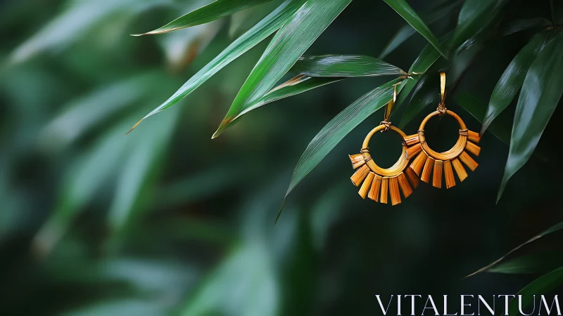 Golden hoop earrings glowing gently in lush green leaves.