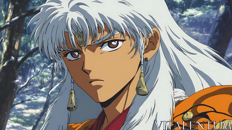 Silver-haired anime warrior stands watchful in forest light.