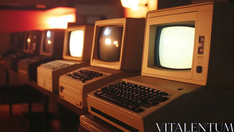 Retro workstation row with glowing CRT terminal displays.