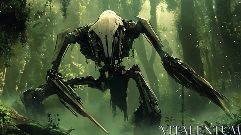 Giant combat mecha stalking through dense jungle forest.