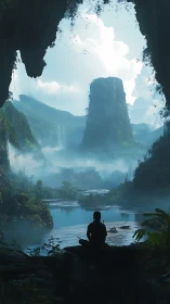 Solitary figure overlooks misted emerald canyon lake at dawn