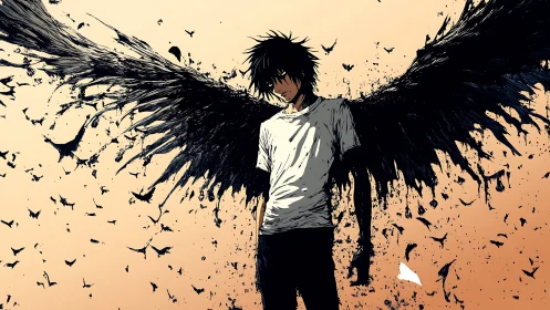 Ink-splintered dark angel boy with dissolving black wings.