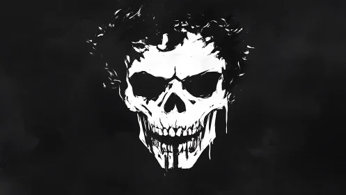 Monochrome skull-like face with abstract dripping details.