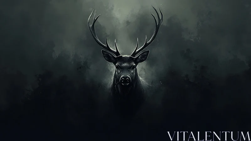 Stag portrait emerges from dark mist with stark contrast.