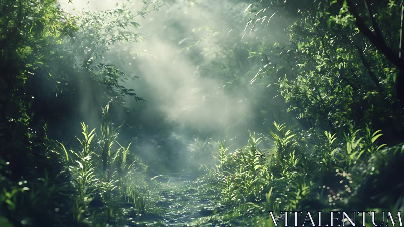 Sunlight Through the Misty Forest Path.