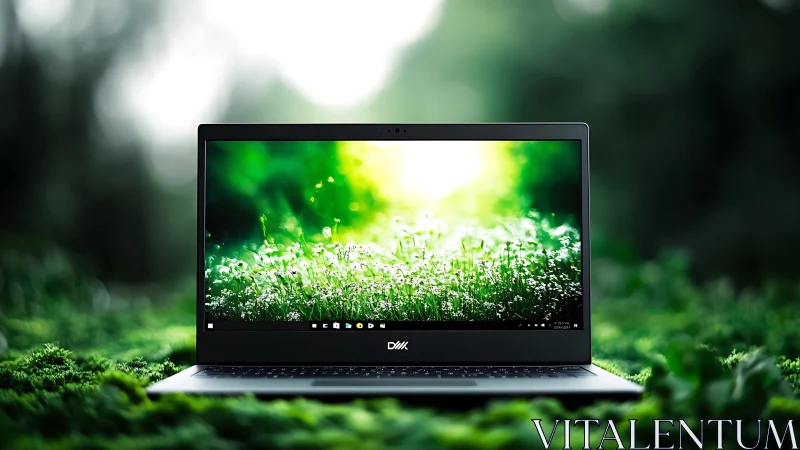 Laptop on green moss surface with nature wallpaper display.
