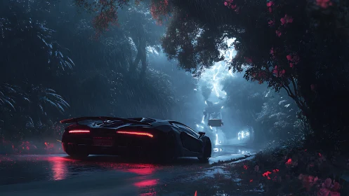 Futuristic sports car on rainy forest road at night.