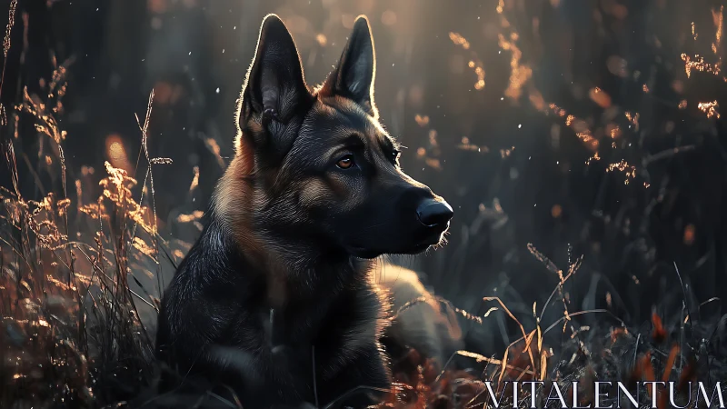 German shepherd rests in glowing twilight meadow light.