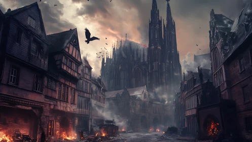 Gothic cathedral above burning medieval street under smoke.