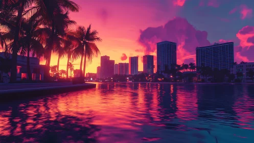 Neon sunset paints a dreamy tropical city in molten color