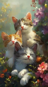 Three Cats in Blooming Garden: Digital Painterly Portrait.