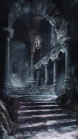 Ruined stone stairways in dark vaulted interior space.