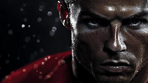 Close-up portrait shows intense, sweat-covered male face