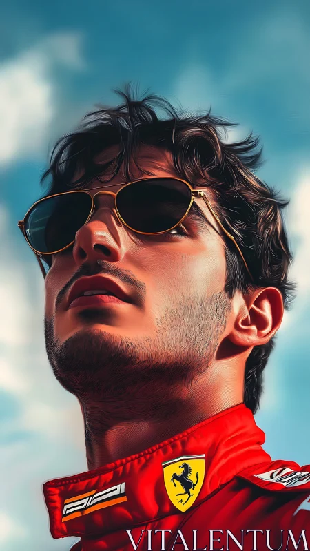 Racing driver portrait in red Ferrari suit under sky.