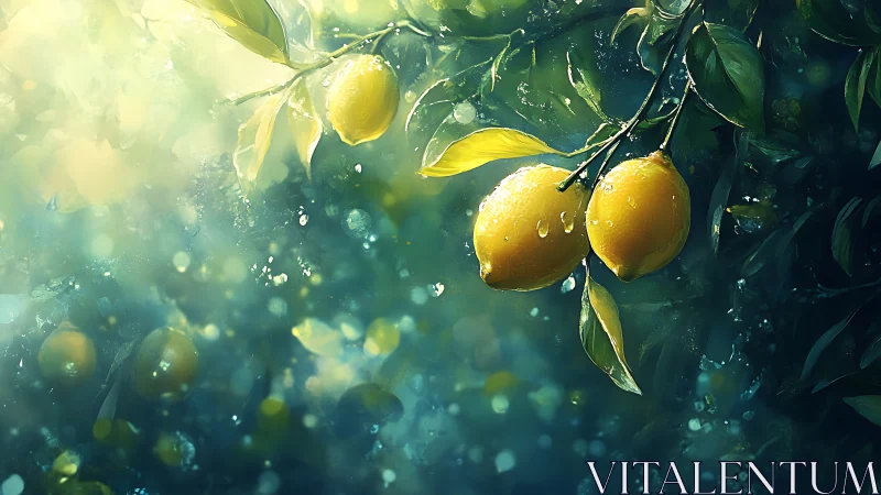 Lemon tree branch with fruit and moisture in diffuse light.