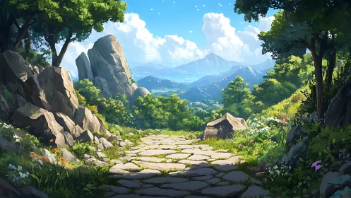 Sunlit stone path through lush mountainside forest vista.