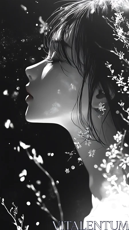 Profile silhouette of female figure with floral overlays.