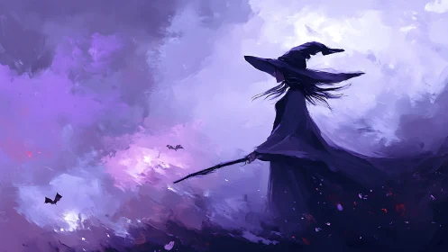 Midnight witch rides a stormy violet sky in silhouette