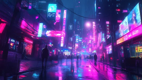 Rain soaked cyberpunk street with neon magenta cyan signage