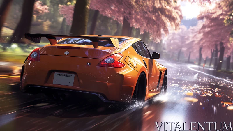Golden sports car racing through dreamy cherry blossom rain.