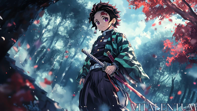 Brave young swordsman standing in a glowing forest path.