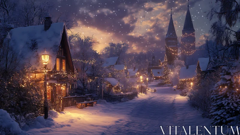 Nocturnal winter village lane under luminous festive illumination.