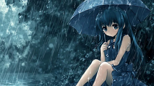 Anime rain portrait of seated girl with umbrella composition.