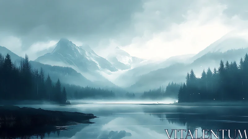 Soft blue mountains wrapped in mist above a quiet lake.