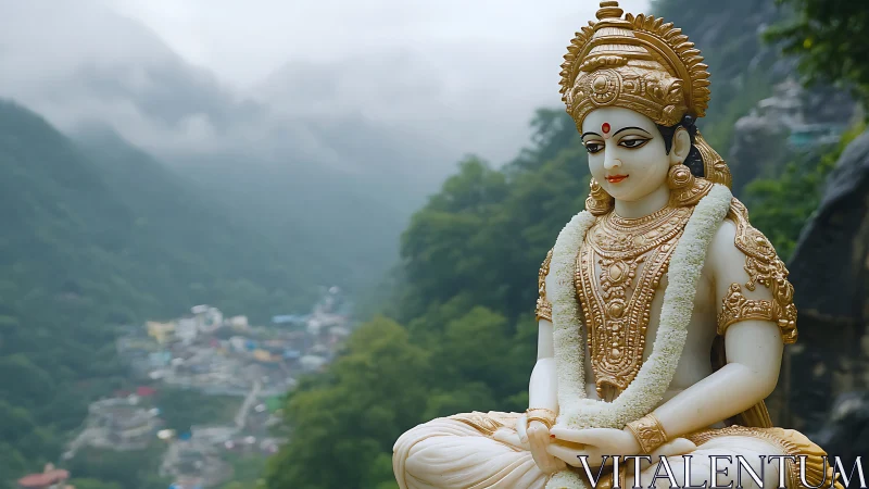 Photorealistic goddess sculpture in misty mountain landscape.