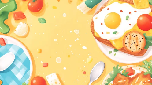 Sunny-side brunch parade with playful scatter of flavors.