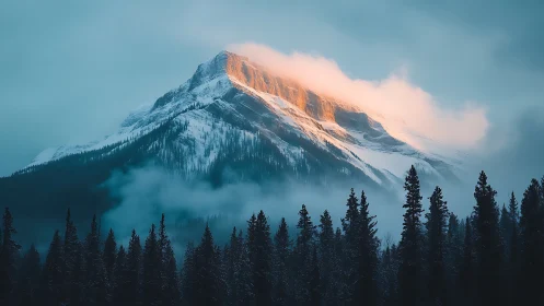 Snow-covered mountain ridge with low clouds at sunrise.