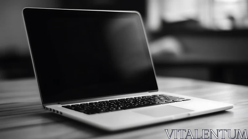 Aluminum unibody laptop on wooden desk in soft bokeh light