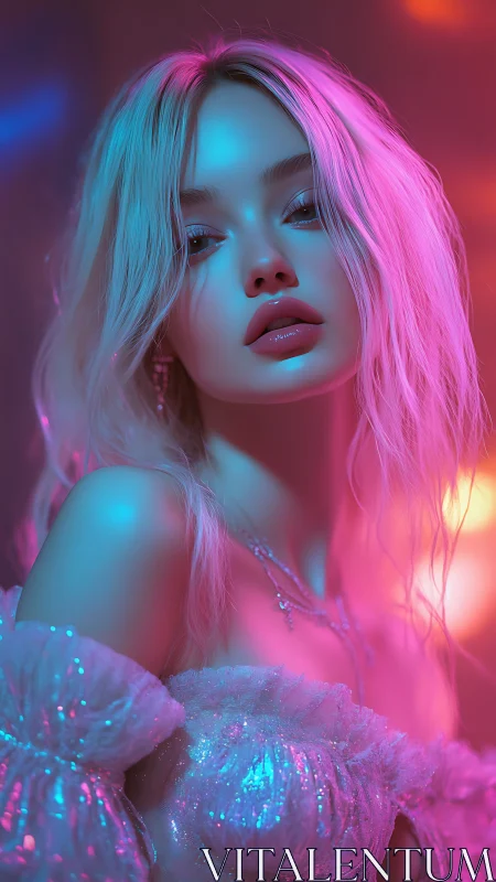 Neon lit portrait of blonde woman in shimmering gown.
