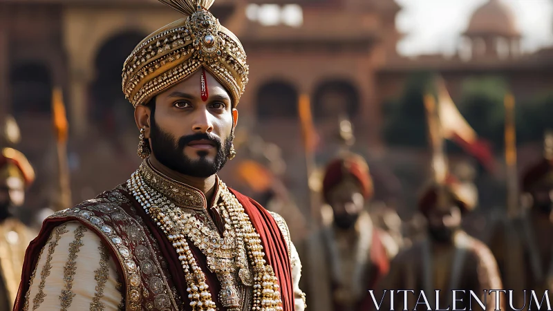 Regal Maharaja portrait with gemstone-studded regalia in courtly procession.