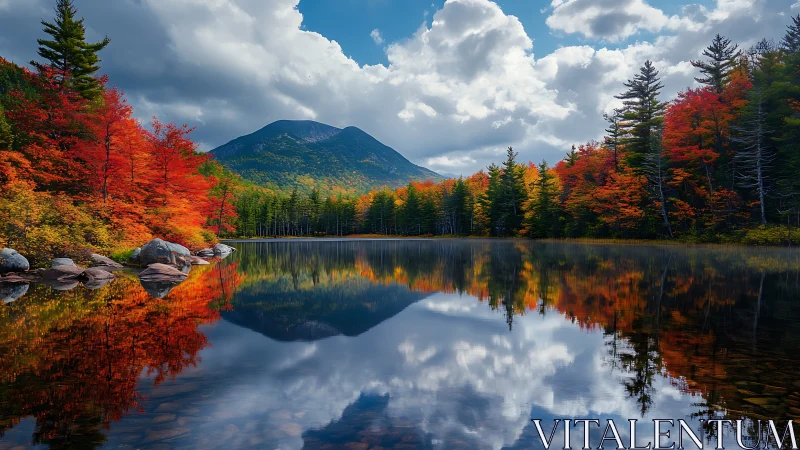Autumn lake reflections beneath a cloud-laced mountain peak.