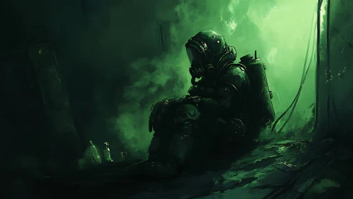 Solitary hazmat operator resting in toxic emerald fog chamber.