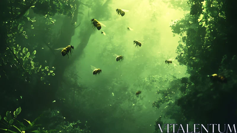 Forest sunbeams turn drifting bees into golden comets